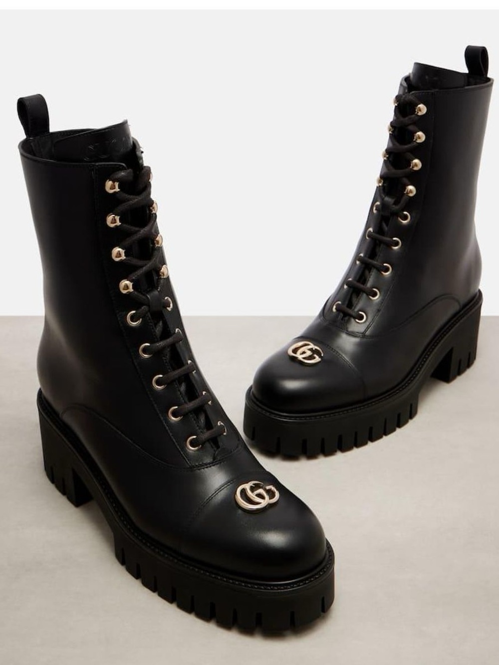 New Gucci Black Gg Leather Lace-Up Boots 37.5 $1,595